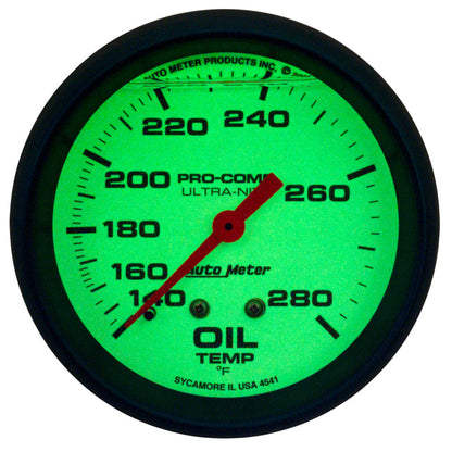 AutoMeter Gauge Oil Temp 2-5/8in. 140-280 Deg. F Liquid Filled Mech Glow In Dark Ultra-Nite 4241