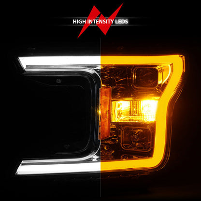 ANZO 2018-2020 Ford F-150 Projector Headlight w/Plank Style Switchback Chrome Housing 111510