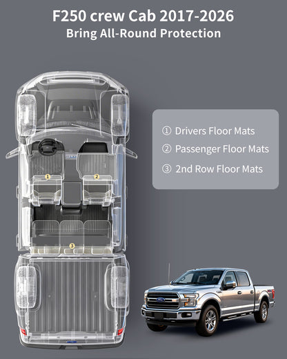 Umbrauto Custom Fit Floor Mats for Ford F250 F350 F450 2017-2025 2026 Super Duty Crew Cab, All Weather Protector TPE Truck Floor Liners for Front Bucket Seats, Rear W/Fold-Flat Storage, Carpet Floor