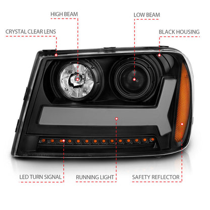 ANZO 2006-2009 Chevrolet Trailblazer Projector Headlights w/ Plank Style Design Black w/ Amber 111390