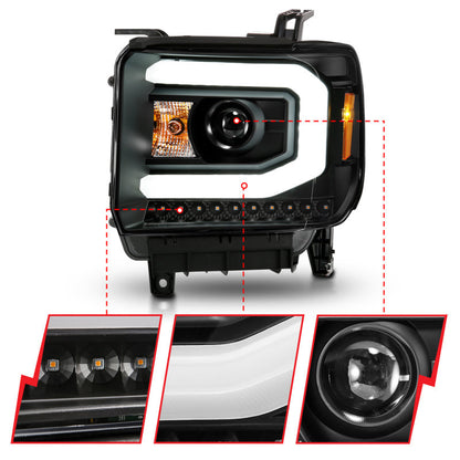 ANZO 2014-2015 GMC Sierra 1500 Projector Headlights w/ Light Bar Black Housing (Halogen Type) 111513