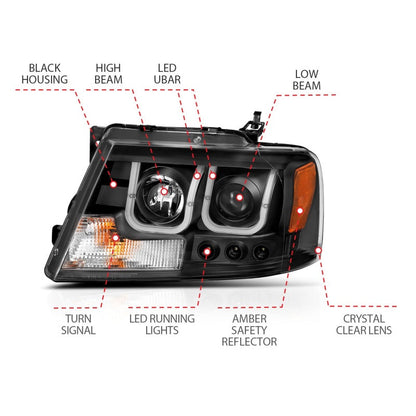 Anzo 2004-2008 Ford F-150 Projector Headlights w/ U-Bar Black