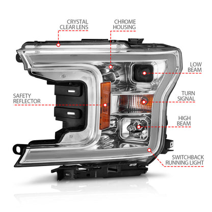 ANZO 2018-2020 Ford F-150 Projector Headlight w/Plank Style Switchback Chrome Housing 111510
