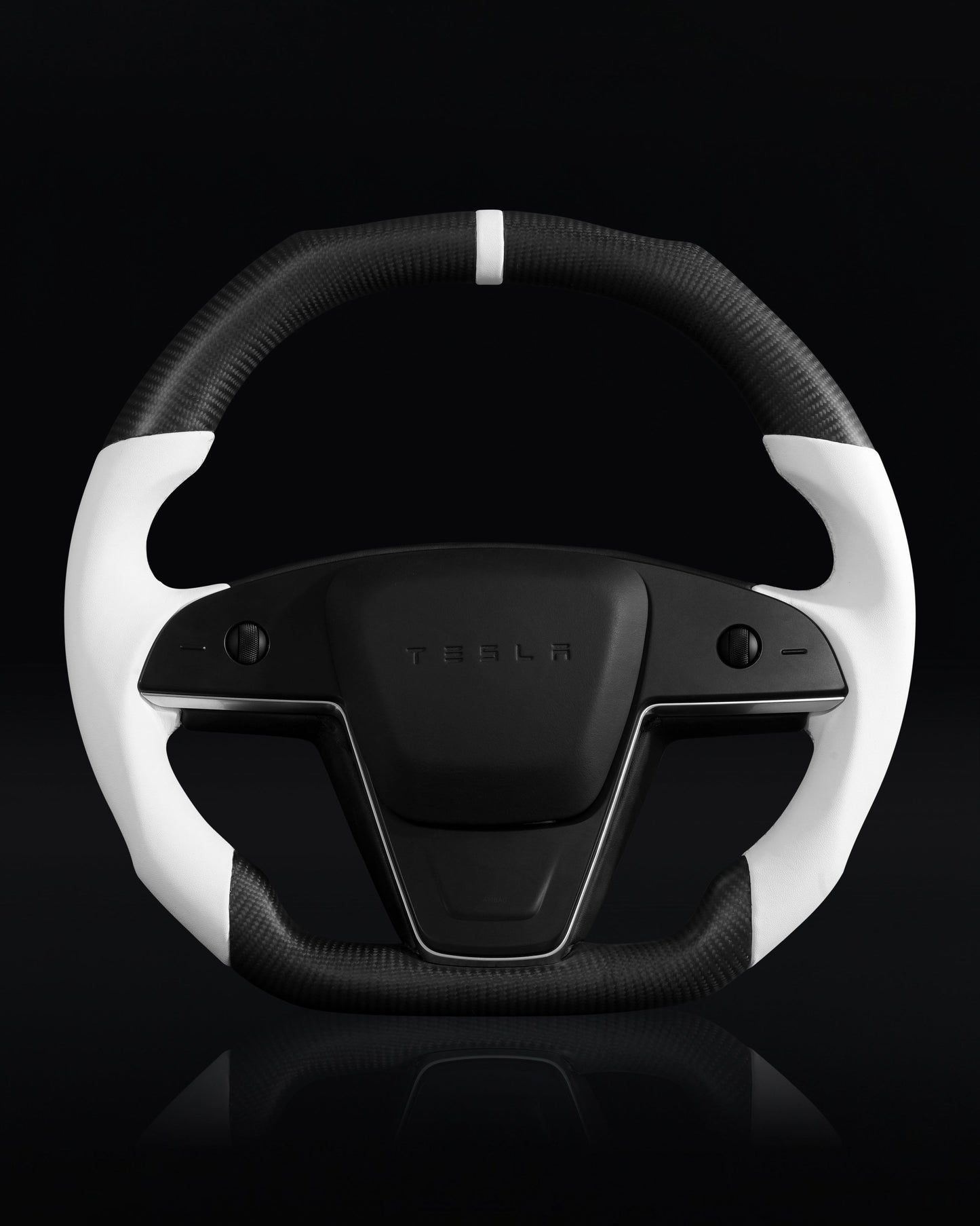 TESLA MODEL S / X / PLAID WHITE LEATHER FLAT BOTTOM STORMTROOPER MATTE DRY CARBON STEERING WHEEL