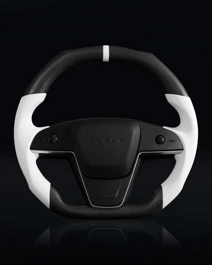 TESLA MODEL S / X / PLAID WHITE LEATHER FLAT BOTTOM STORMTROOPER MATTE DRY CARBON STEERING WHEEL