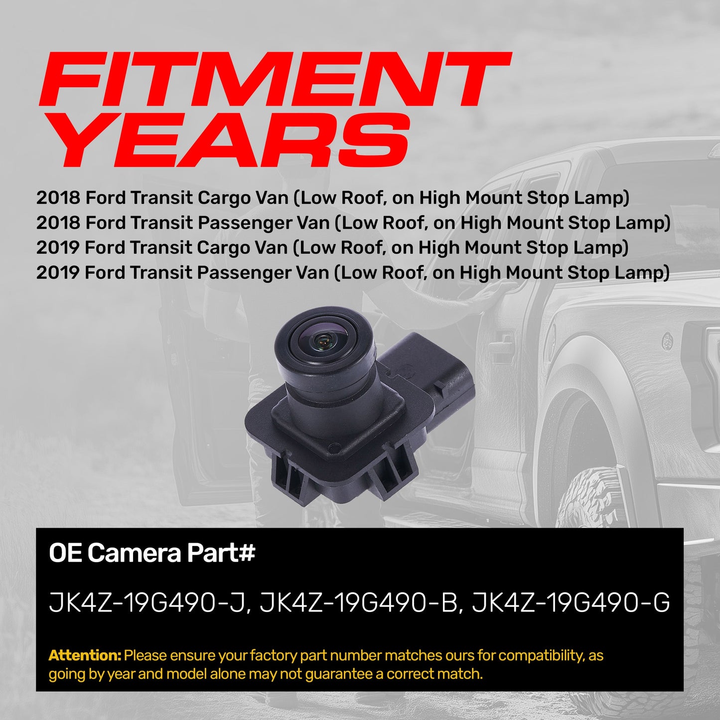 Ford Transit Passenger Van (2018-2019), Transit Cargo Van (2018-2019) OEM Replacement Backup Camera OE Part # JK4Z-19G490-J, JK4Z-19G490-B, JK4Z-19G490-G