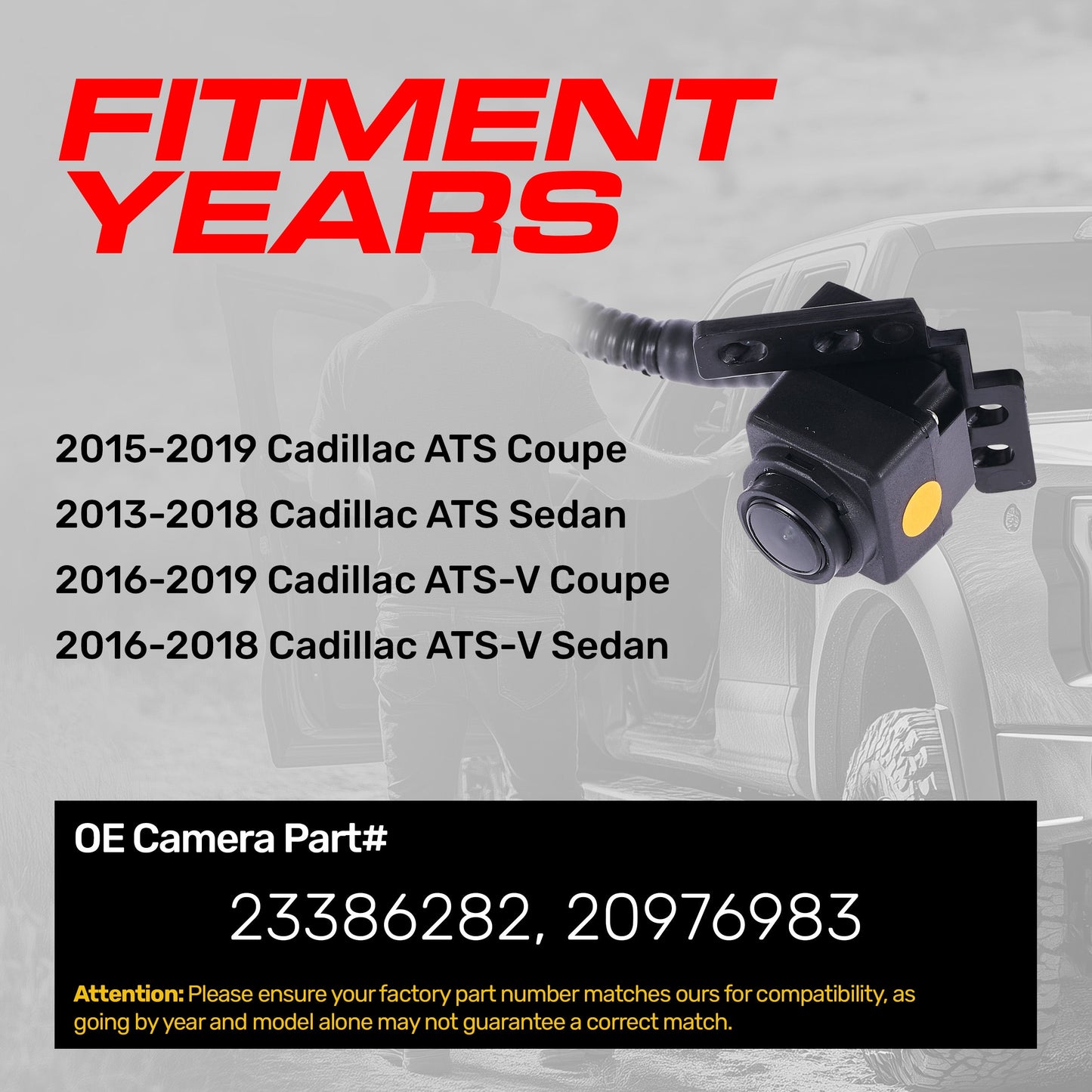 Cadillac ATS Coupe (2015-2019), ATS-V Coupe (2016-2019), ATS Sedan (2013-2018), ATS-V Sedan (2016-2018) OEM Replacement Backup Camera OE Part # 20976983, 23386282