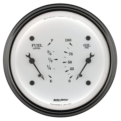 AutoMeter Gauge Dual Fuel & Oilp 3-3/8in. 240 Ohm(e) to 33 Ohm(f) & 100PSI Elec Old Tyme Wht 1613