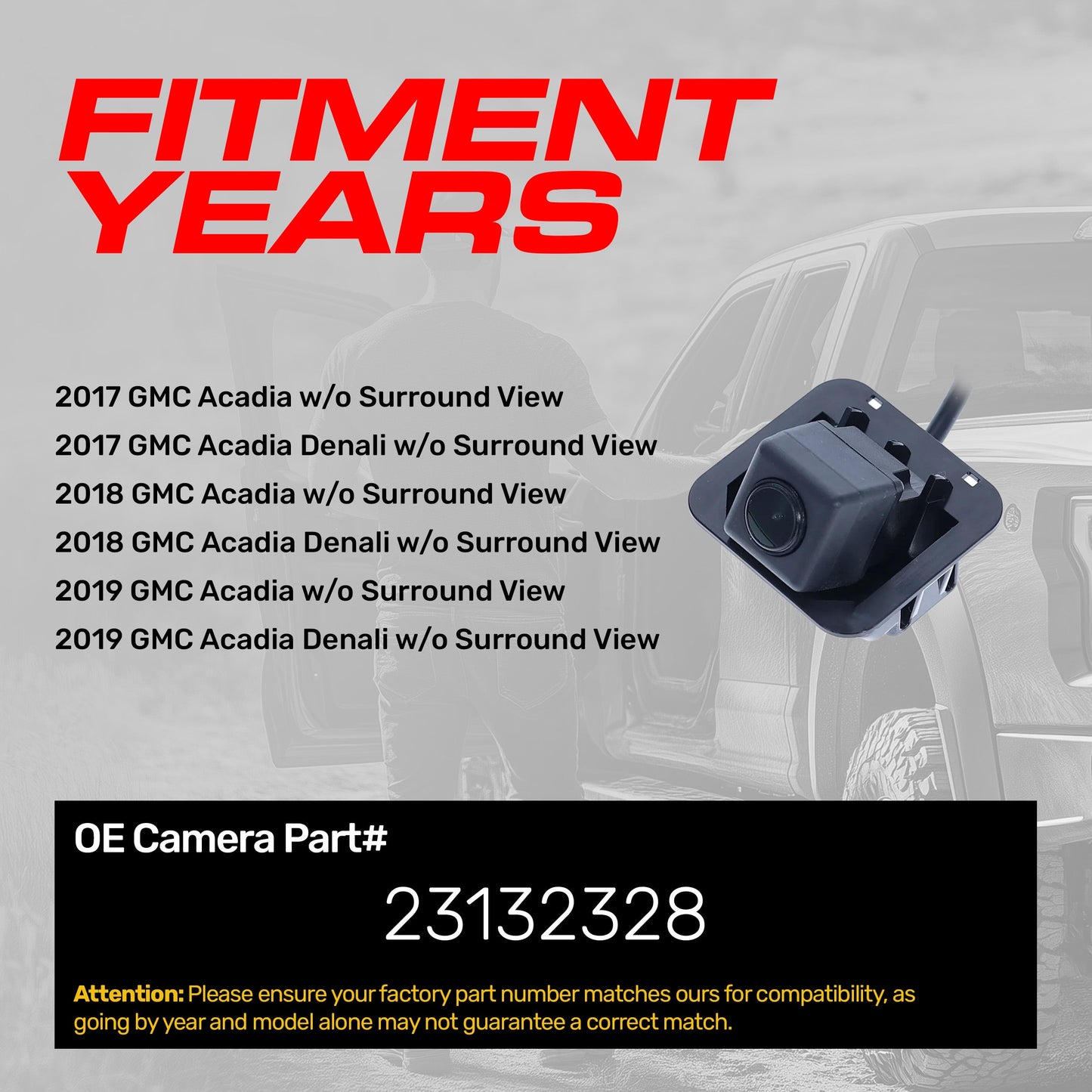 GMC Acadia/Denali w/o Surround View (2017-2019) OEM Replacement Backup Camera OE Part # 23132328