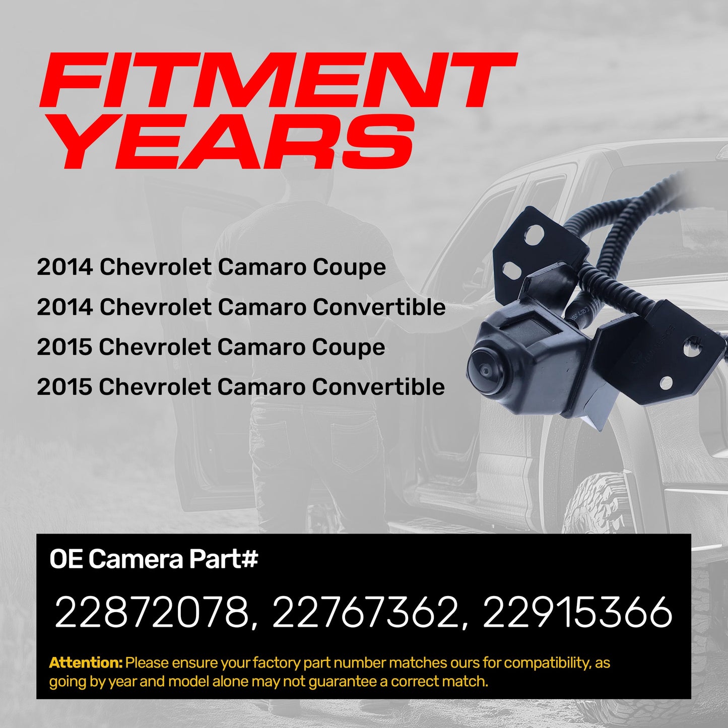 Chevrolet Camaro Coupe / Convertible (2014-2015) OEM Replacement Backup Camera OE Part # 22767362, 22872078, 22915366