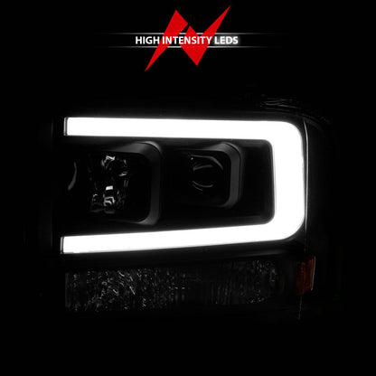 ANZO 99-04 Ford F250/F350/F450/Excursion (excl 99) Projector Headlights - w/ Light Bar Black Housing 111551