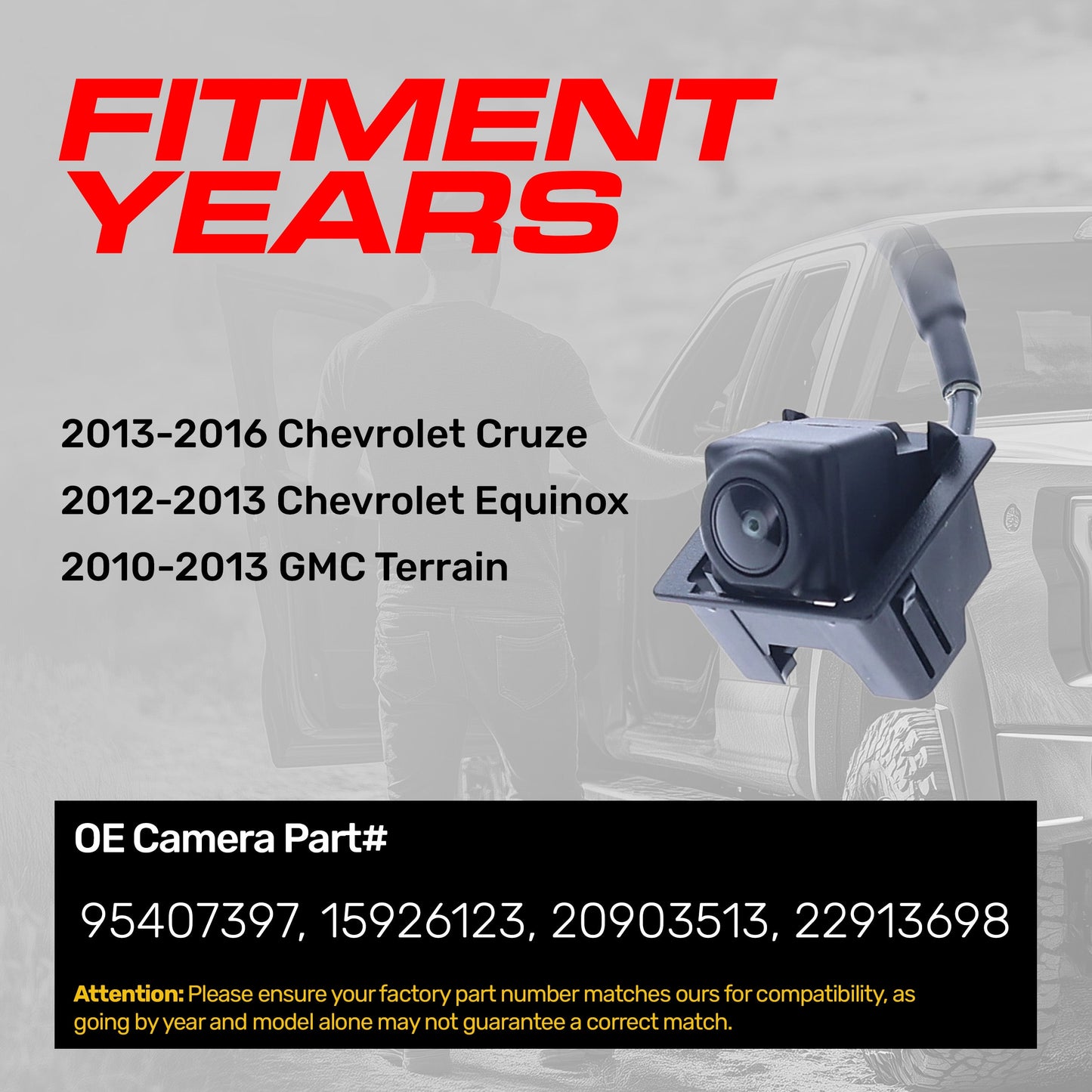 Chevrolet Cruze (2013-2016), Equinox (2012-2013) / GMC Terrain (2010-2013) OEM Replacement Backup Camera OE Part # 15926123, 20903513, 22913698, 95407397