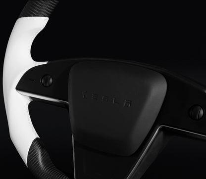 TESLA MODEL S / X / PLAID WHITE LEATHER FLAT BOTTOM STORMTROOPER GLOSS CARBON STEERING WHEEL