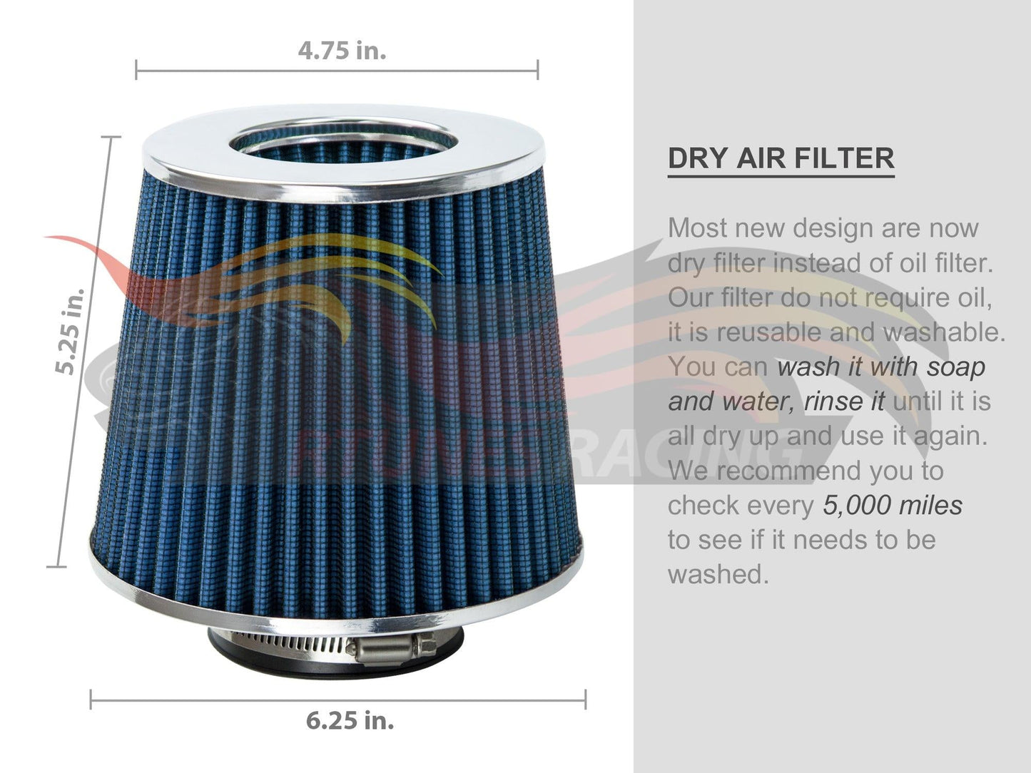 3” Inch (76mm) Universal Clamp-On Air Filter – Dry Washable Cone Intake Replacement | Rtunes Racing | BLUE AF3B