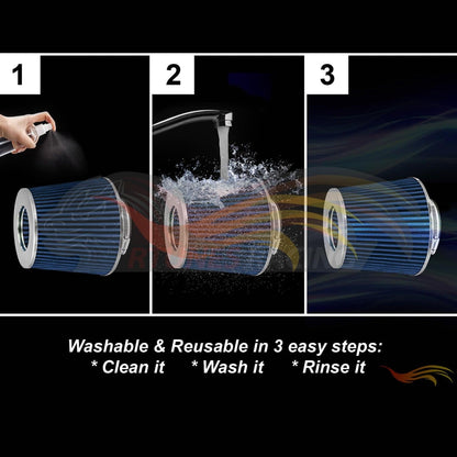 3” Inch (76mm) Universal Clamp-On Air Filter – Dry Washable Cone Intake Replacement | Rtunes Racing | BLUE AF3B