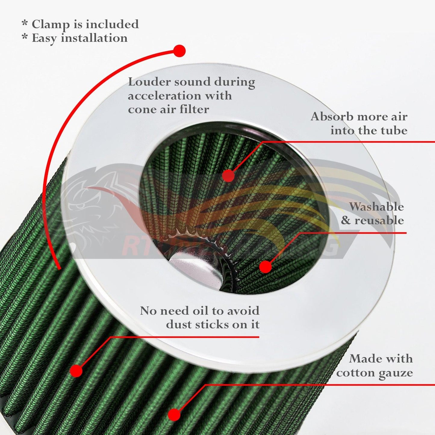 3.5" Inch (89mm) Universal Clamp-On Air Filter – Dry Washable Cone Intake Replacement | Rtunes Racing | GREEN AF35GN