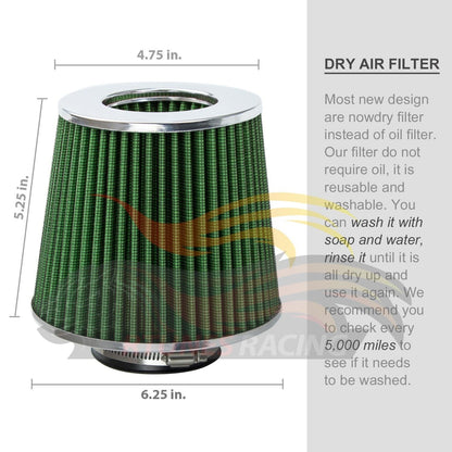 3.5" Inch (89mm) Universal Clamp-On Air Filter – Dry Washable Cone Intake Replacement | Rtunes Racing | GREEN AF35GN