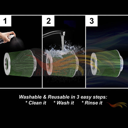 3” Inch (76mm) Universal Clamp-On Air Filter – Dry Washable Cone Intake Replacement | Rtunes Racing | GREEN AF3GN