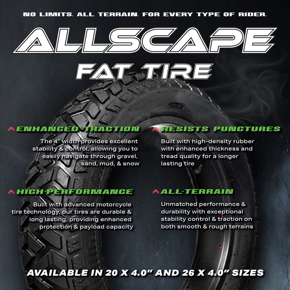 HEB ALLSCAPE® Fat Tires- 26"x 4.0" (SET OF 2 Tires) Tubes Not Included.