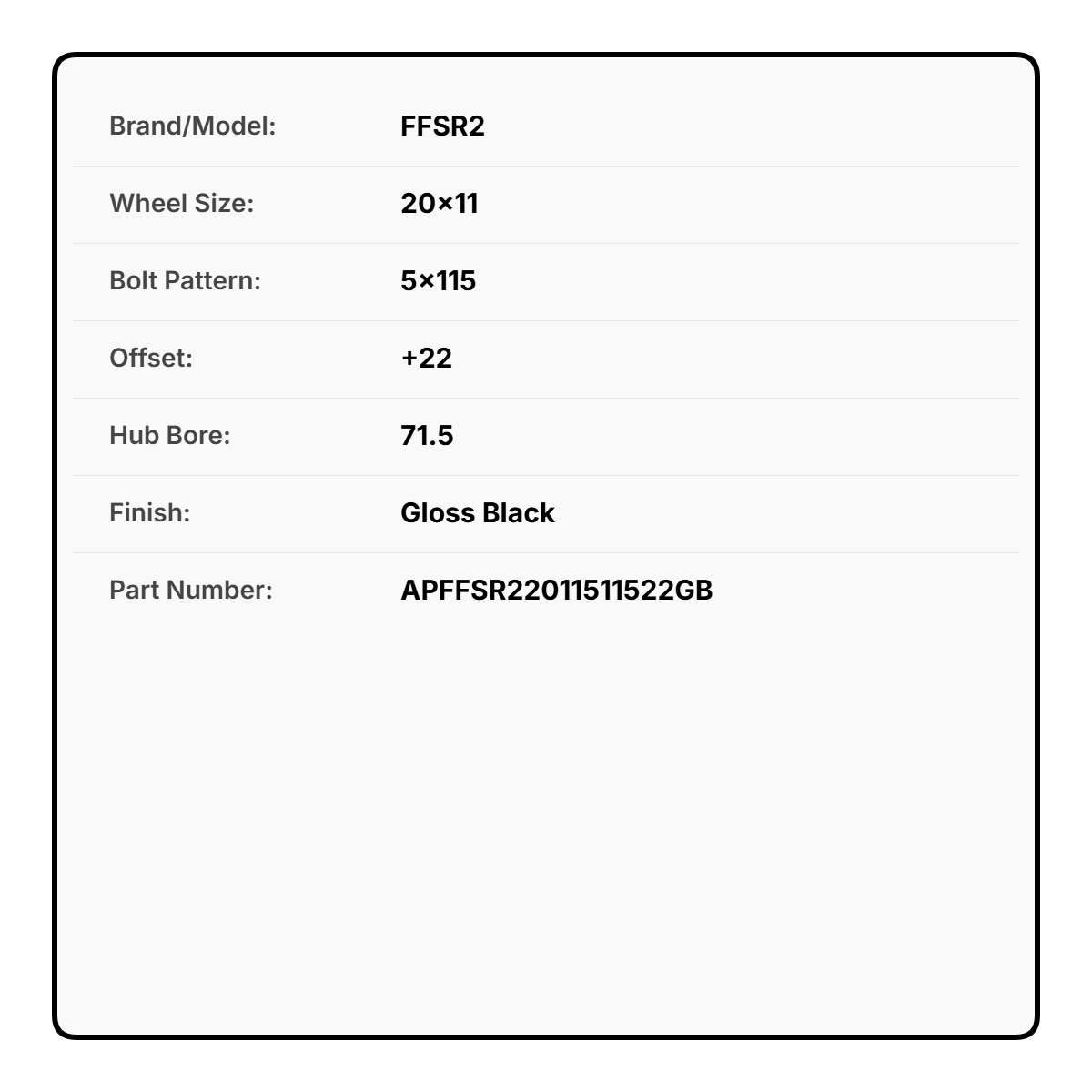FFSR2 20x11 5x115 +22 71.5 Gloss Black