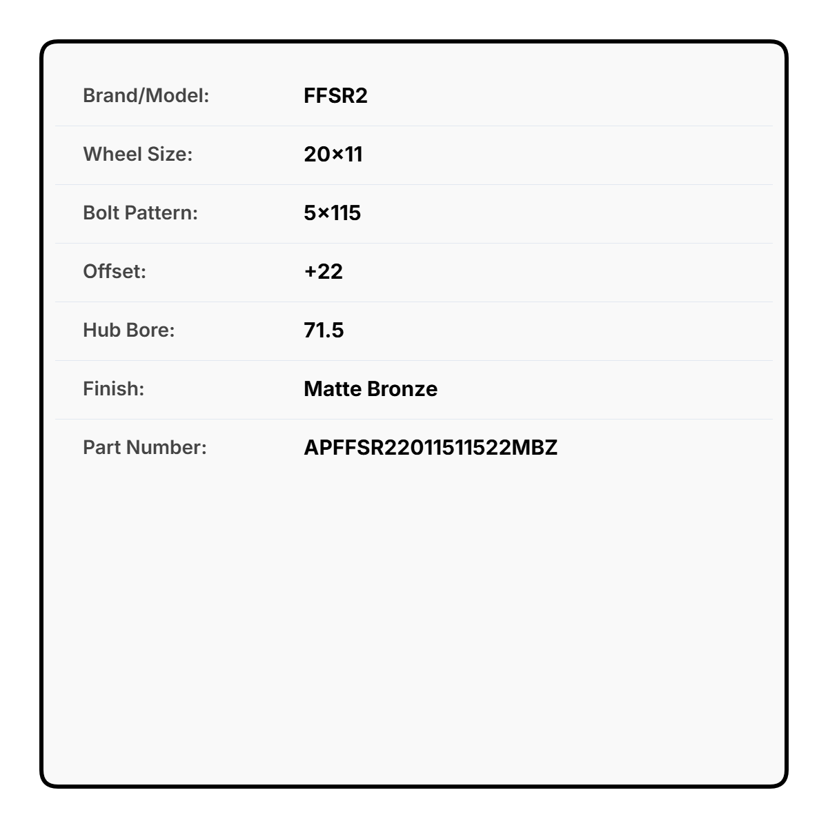 FFSR2 20x11 5x115 +22 71.5 Matte Bronze