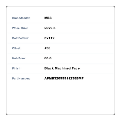 MB3 20x9.5 5x112 +38 66.6 Black Machined Face