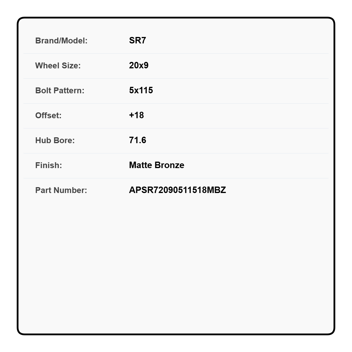 SR7 20x9 5x115 +18 CB71.6 Matte Bronze