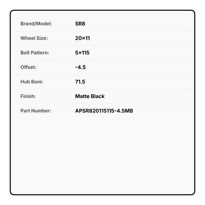 SR8 20x11 5x115 -4.5 CB71.5 Matte Black