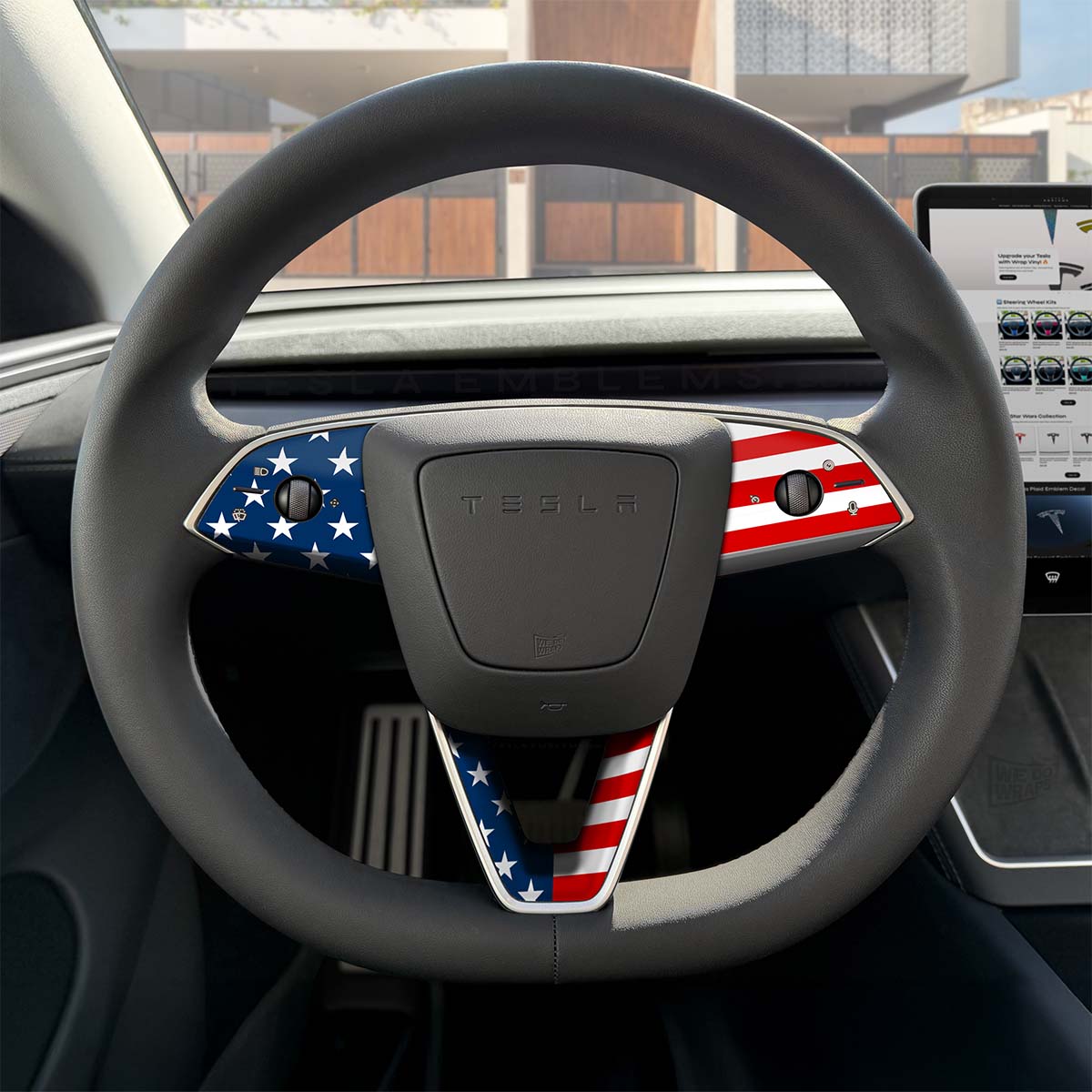 American Flag Tesla Steering Wheel Trim Decal Kit (3pcs) | MY 2026+ Refresh
