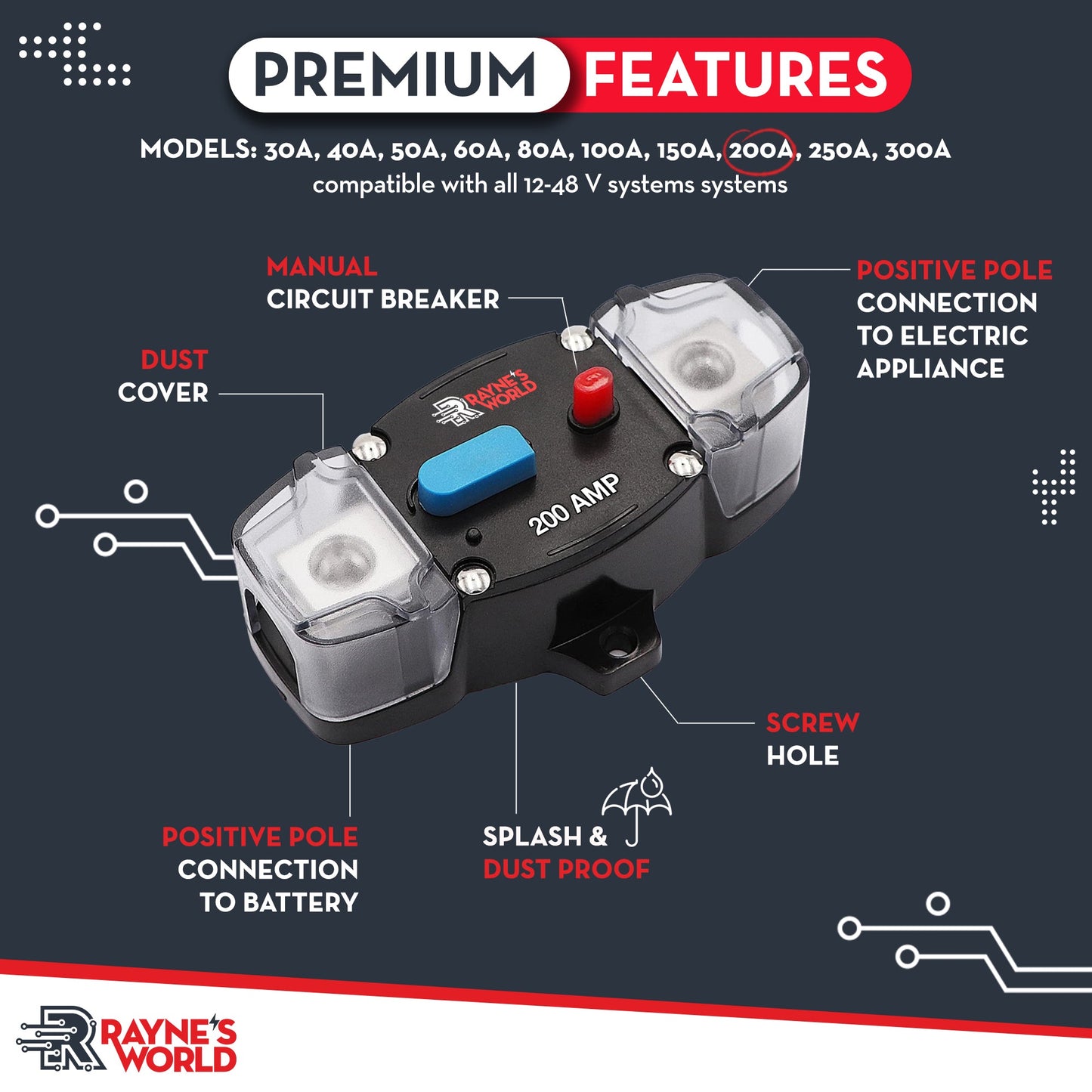 200 Amp Inline Waterproof Circuit Breaker with Dust Covers 12-48V