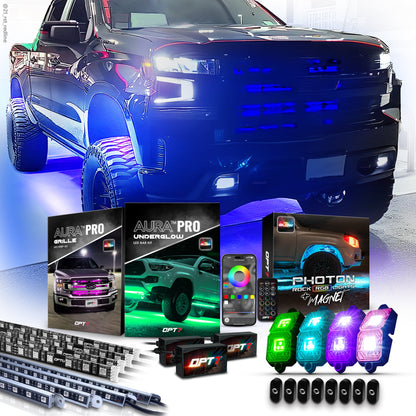 AURA PRO Exterior Pack Bundle (Grille LED Kit + Underglow LED Kit + Photon RGB Rock Light Kit) - Bluetooth  APP and Remote Controlled