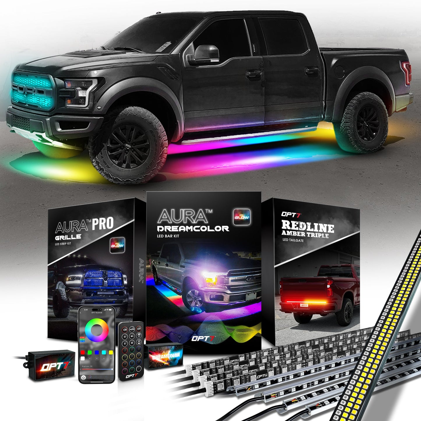 AURA PRO LED Lighting Kit for Truck Bundle (Grille LED Kit + DreamColor Underglow LED Kit - Bluetooth APP and Remote Controlled + Tailgate Triple Light Bar)