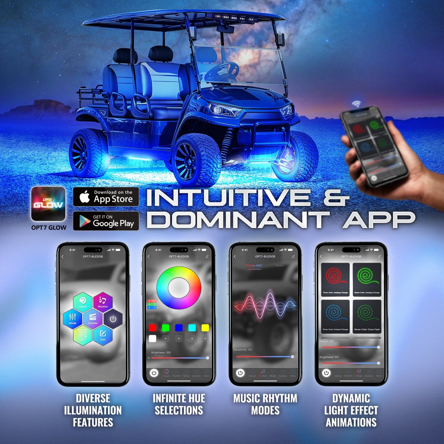 AURA PRO Golf Cart Flexible Underbody Glow LED Lighting Strip Kit - Bluetooth Enabled APP - Full Color Spectrum
