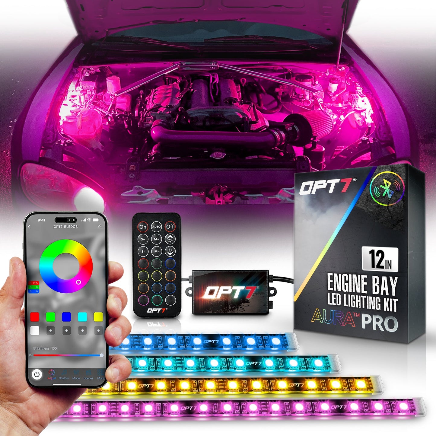 AURA PRO Engine Bay LED Lighting Kit ( 4 x 12-Inch or 4 x 24-Inch)  - Bluetooth Enabled APP Full Color Spectrum