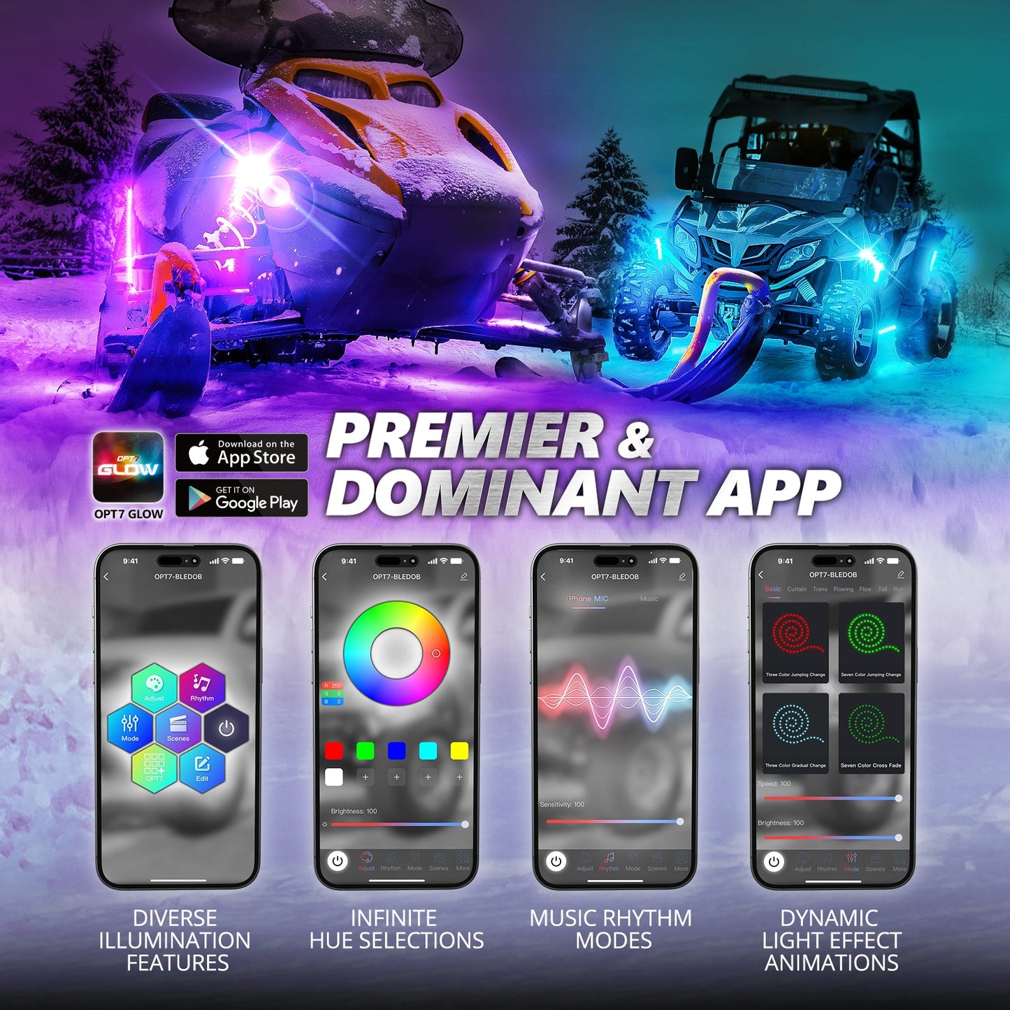 AURA PRO Snowmobile Underbody Glow LED Lighting Kit - Bluetooth Enabled APP - Full Color Spectrum