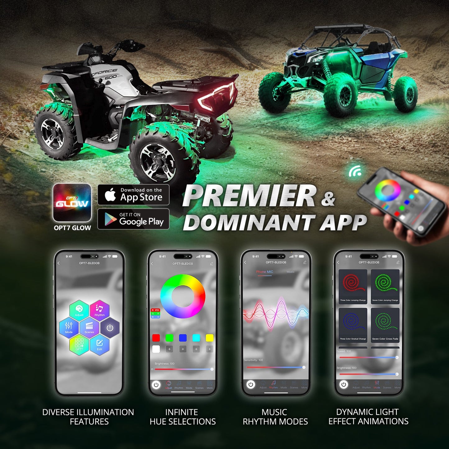 AURA PRO ATV-UTV Underbody Glow LED Lighting Kit - Bluetooth Enabled APP - Full Color Spectrum