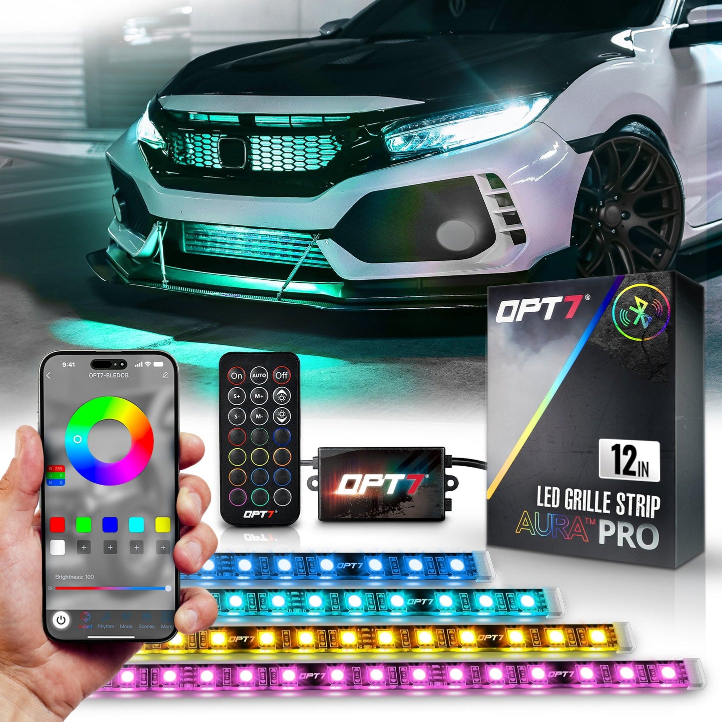 AURA PRO LED Grille Lighting Kit ( 4 x 12-Inch or 4 x 24-Inch) Bluetooth Enabled App - Full Color Spectrum