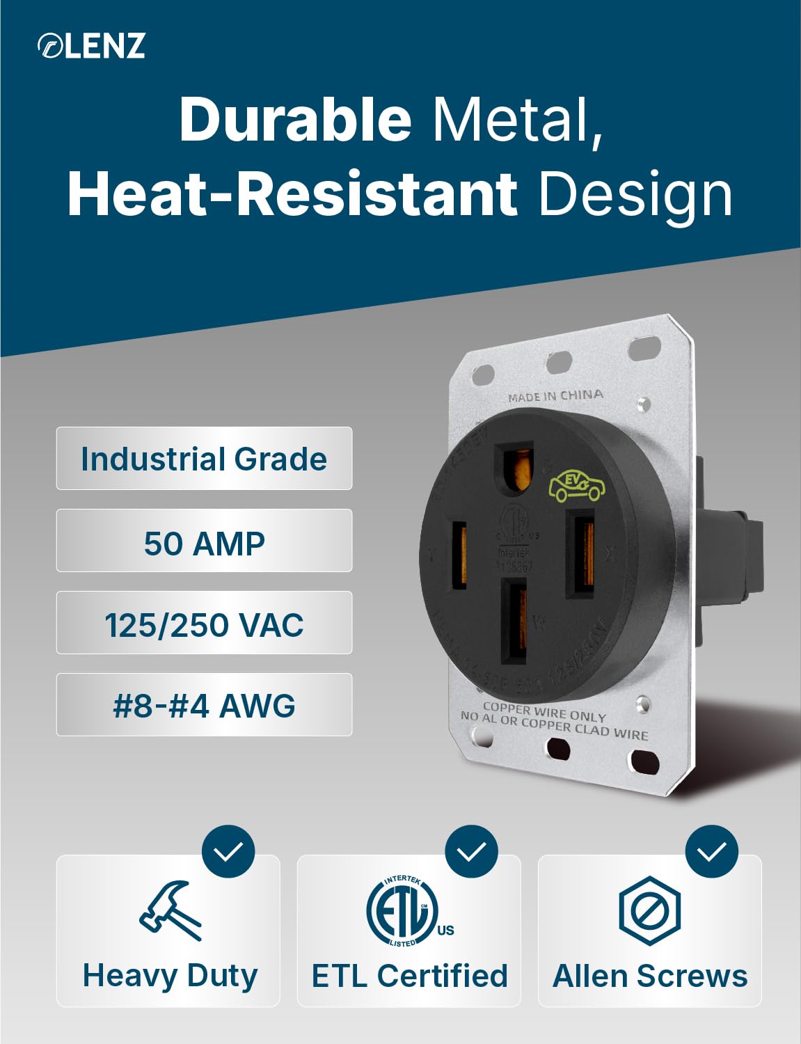 LENZ Heavy Duty NEMA 50 Amp 14-50R UL-Compliant Receptacle Outlet, Industrial Grade 250V, EV Charger Ready Heat Resistant Design for Electric Vehicles & RV Charging (Collective)
