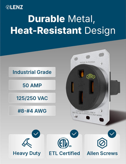 LENZ Heavy Duty NEMA 50 Amp 14-50R UL-Compliant Receptacle Outlet, Industrial Grade 250V, EV Charger Ready Heat Resistant Design for Electric Vehicles & RV Charging