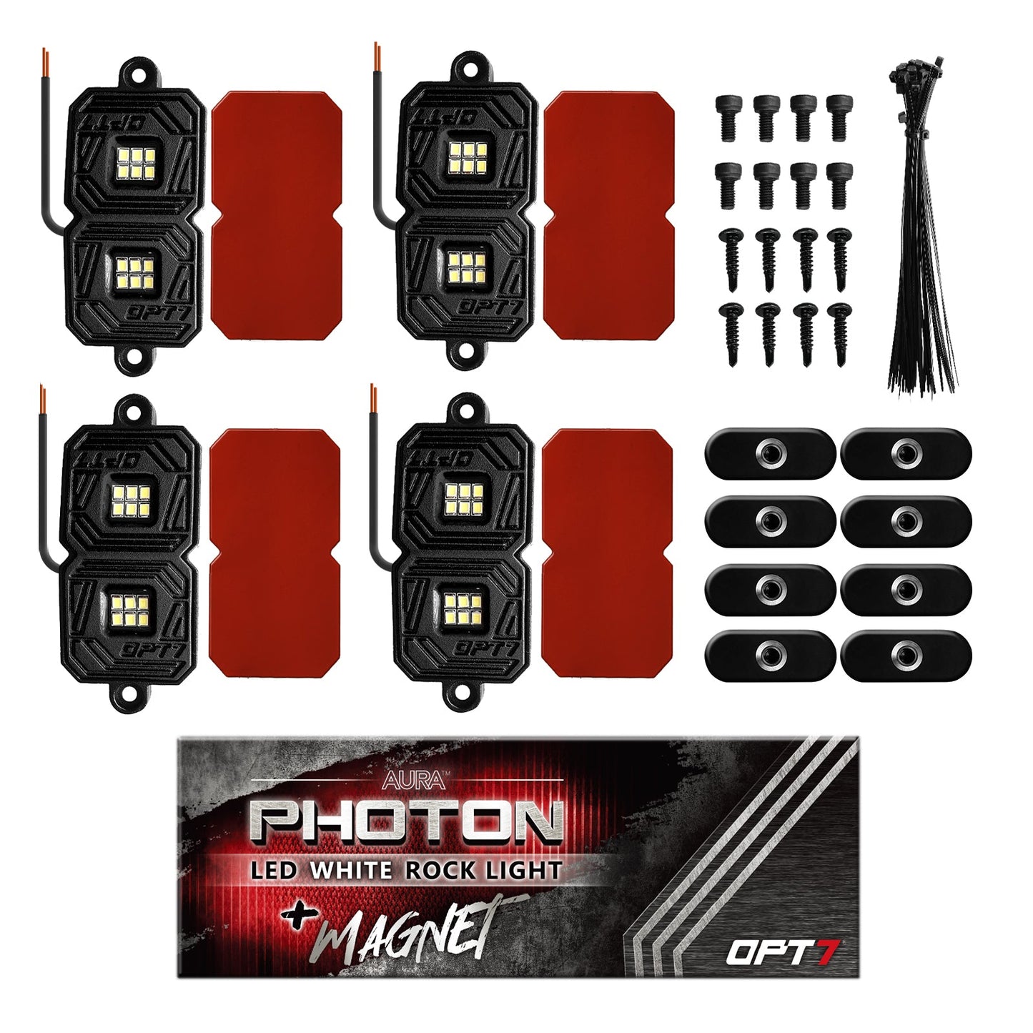 OPT7 Photon RGB 4PCS LED Rock Light w-Magnet Wide Angle Underglow Neon Lighting Kit