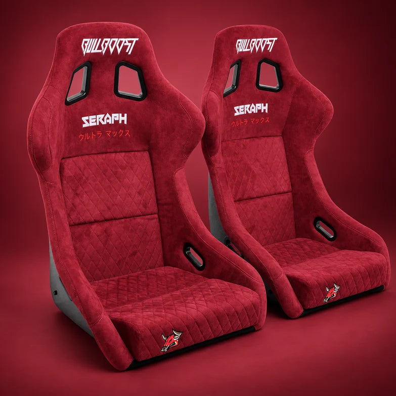 BULL BOOST Wine Red Ultra-Max Seraph Racing Bucket Seats with Slider Rails – Pair