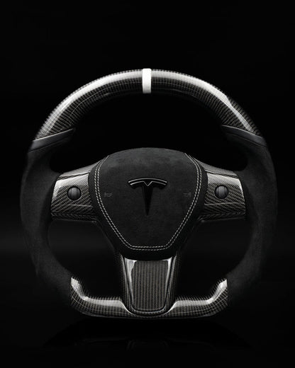 Sixth Element TESLA MODEL Y / MODEL 3 BLACK ALCANTARA PCH MIDNIGHT WHITE ACCENTS GLOSS CARBON STEERING WHEEL