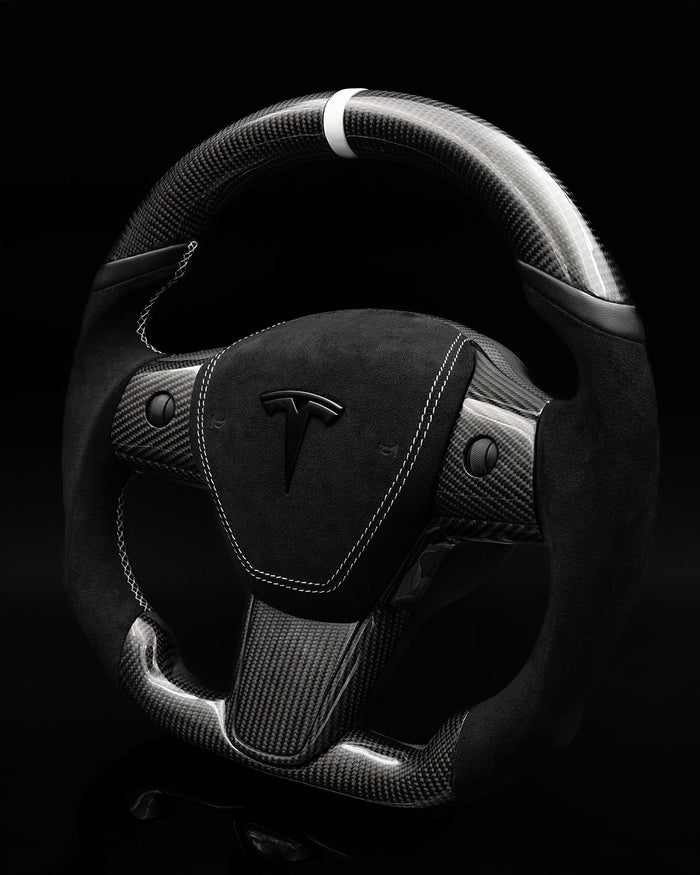 Sixth Element TESLA MODEL Y / MODEL 3 BLACK ALCANTARA PCH MIDNIGHT WHITE ACCENTS GLOSS CARBON STEERING WHEEL