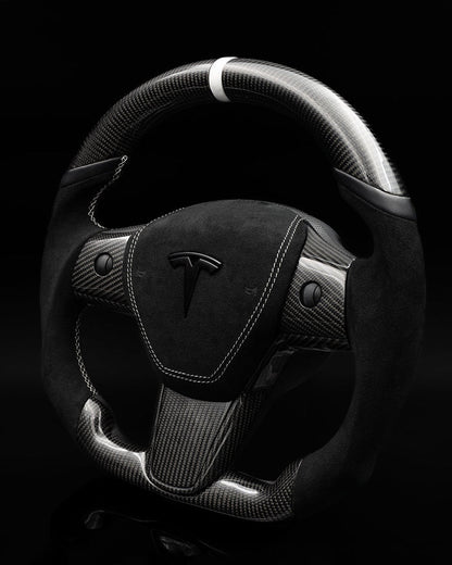 Sixth Element TESLA MODEL Y / MODEL 3 BLACK ALCANTARA PCH MIDNIGHT WHITE ACCENTS GLOSS CARBON STEERING WHEEL