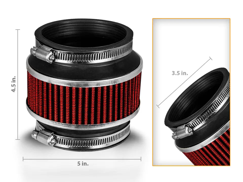 3.5" Inch (89mm) Universal Clamp-On BYPASS Valve Air Filter – Dry Washable Cone Intake Replacement | Rtunes Racing | RED BY35R