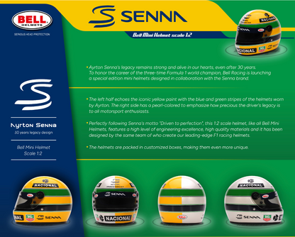 Bell Ayrton Senna 30 Year Legacy 1:2 Scale F1 Mini Helmet | Yellow & Pearl Liveries