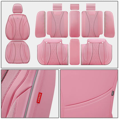 Diamond Stitch Mesh Fabric Leatherette Seat Covers Full Set - Pink