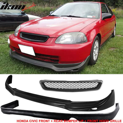 Fits 96-98 Honda Civic 2Dr/JUN Front Rear Bumper Lip + TR Front Grille