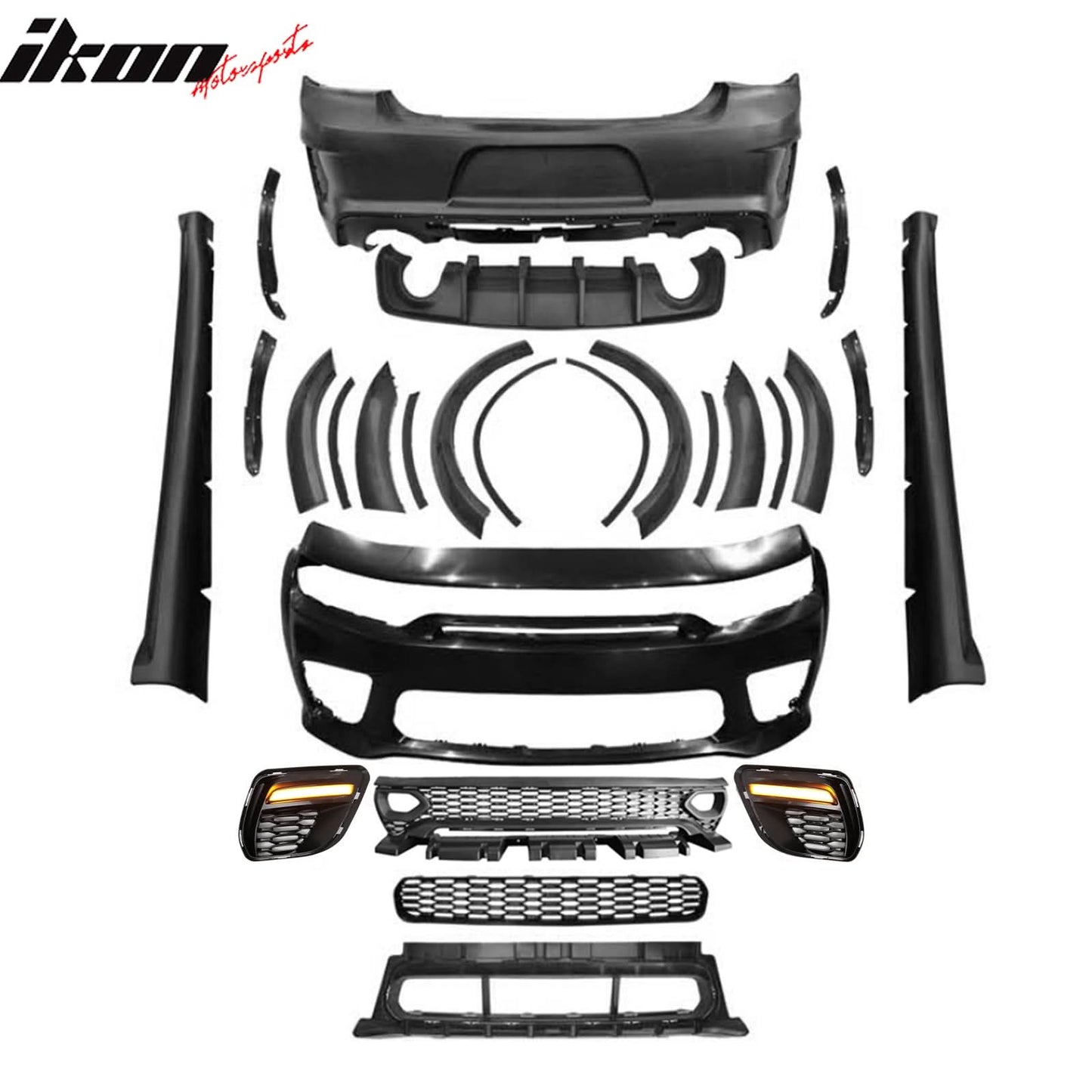 2015-2023 Charger IKON Matte Black Front Rear Bumper Covers LED PP