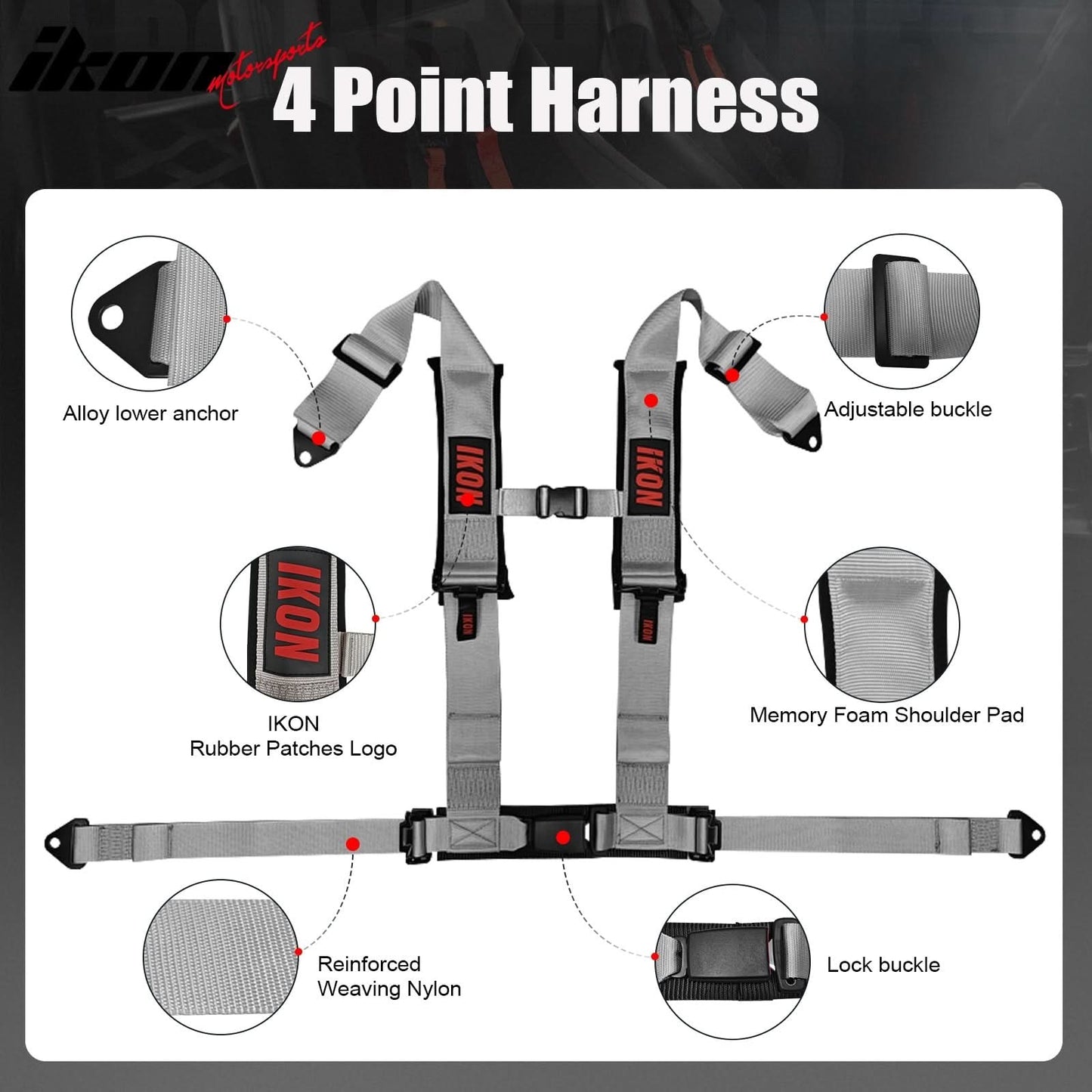 Universal 3" Wide 4 Point Buckle Racing Seat Belt Harness Nylon Grey